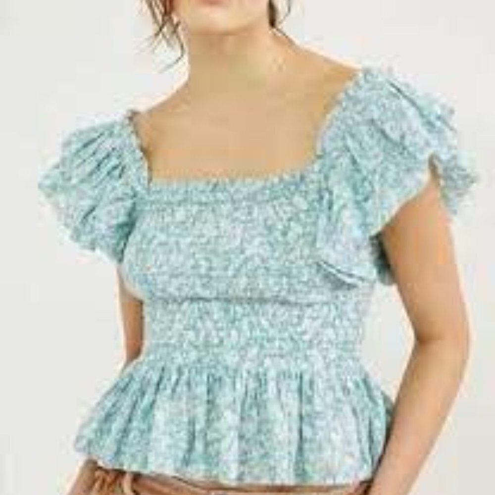 Anthropologie Love The Label Blue Ruffle Smocked Cropped Peplum Small Boho Top